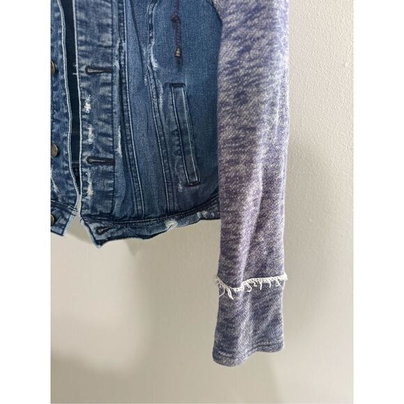Free People Distressed Denim Jacket with Knit Sleeves & Hood Women's Size Small - Picture 3 of 11